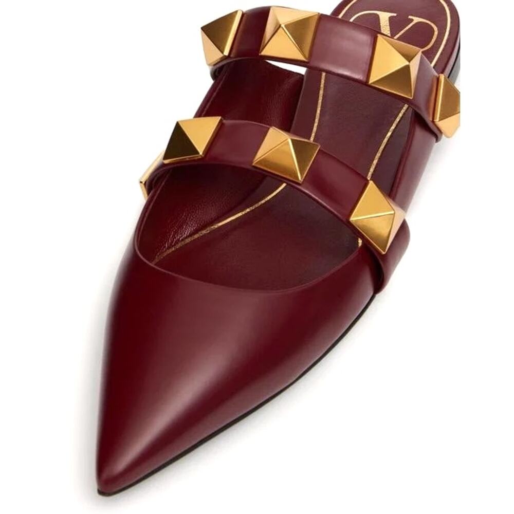 Valentino Garavani Burgundy Roman Stud Flat Leather Mules Gold 42 - Picture 5 of 7